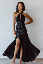 Satin Neckholder Schwarzes Krawattenkleid mit Schlitz